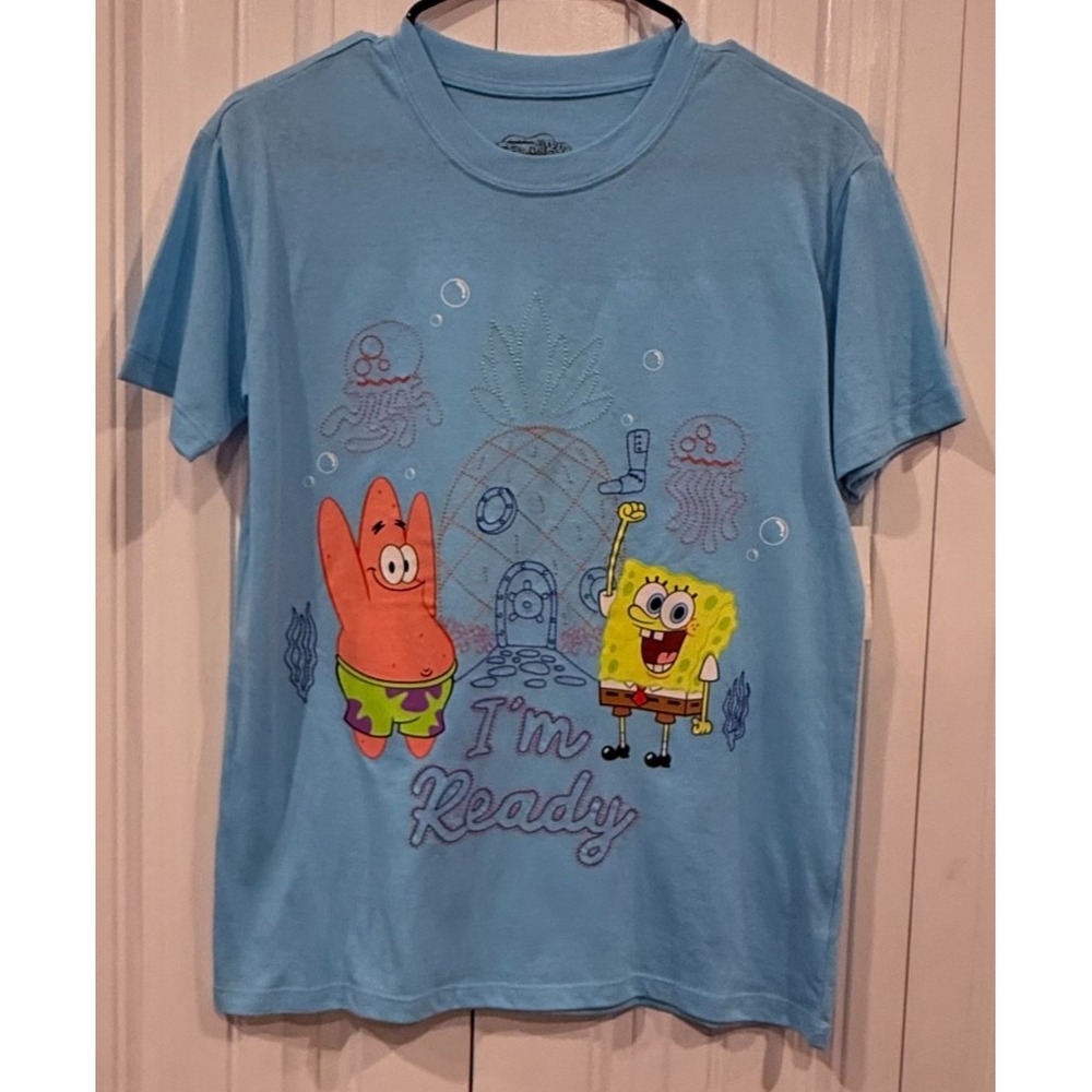 SpongeBob SquarePants In Kelp We Trust Light Blue Graphic T-Shirt XXS Cartoon Y2